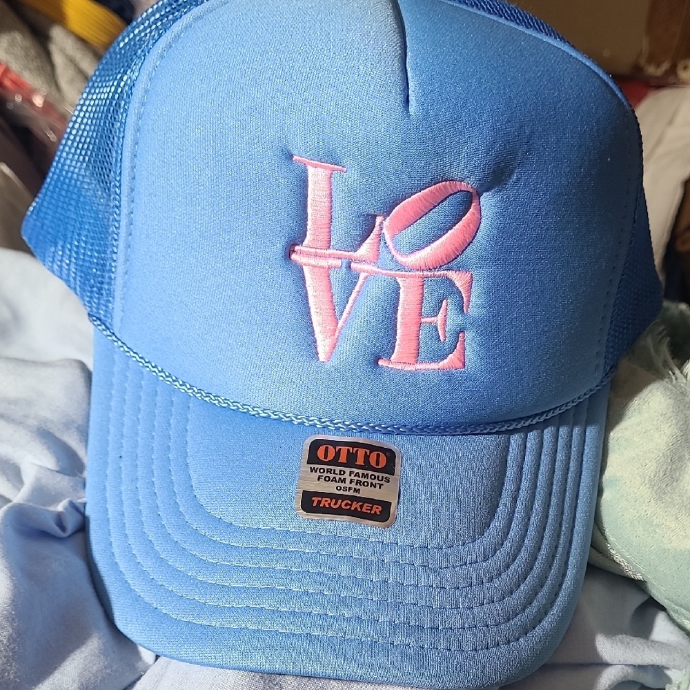 Blue Trucker Hat with Pink LOVE Embroidery